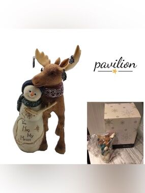 🆕PAVILION GIFT COMPANY - BIRCH HEARTS - NWT - SNOWMAN AND MOOSE FIGURINE